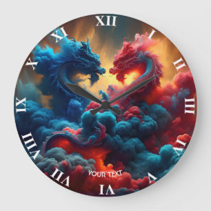 Reloj Redondo Grande Fantasía Cute Dragones Azules Rojos
