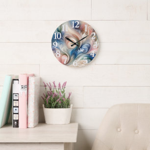 Reloj Redondo Grande Fantasía de acuarela floral pastel azul y crema