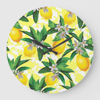 Reloj Redondo Grande Fantasía de limón: Patrón floral creativo