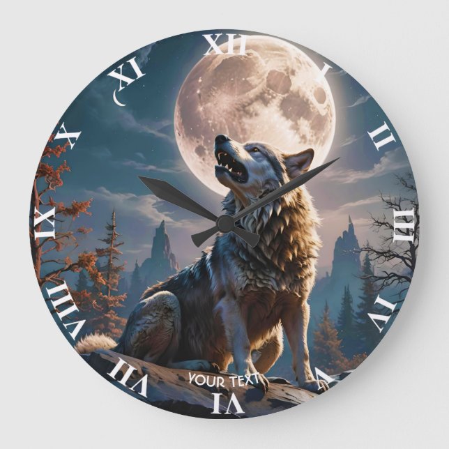 Reloj Redondo Grande Fantasía De Lobo A La Luna (Anverso)