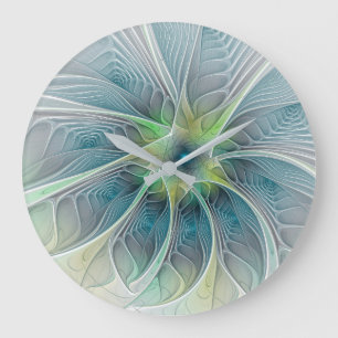 Reloj Redondo Grande Fantasía Flor Fractal Verde Azul