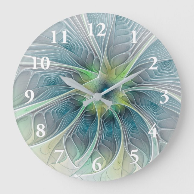 Reloj Redondo Grande Fantasía Flor Fractal Verde Azul (Anverso)