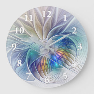 Reloj Redondo Grande Fantasía floral, flor fractal abstracta colorida