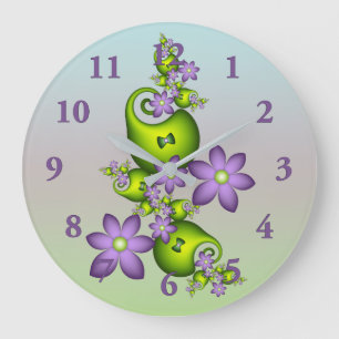 Reloj Redondo Grande Fantasía floral flores lila formas verdes fractal