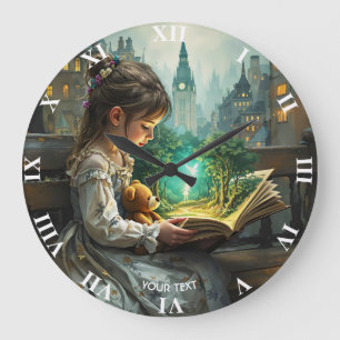 Reloj Redondo Grande Fantasía linda Chica leyendo