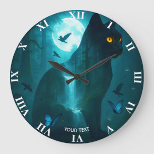 Reloj Redondo Grande Fantasía lindo gato surrealista negro