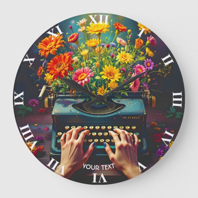 Reloj Redondo Grande Fantasía, máquina de escribir, flor de manos (Anverso)