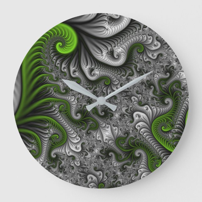 Reloj Redondo Grande Fantasía Mundo Arte Fractal Verde Y Gris Resumen (Anverso)