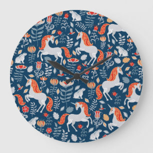Reloj Redondo Grande Fantasía popular: Unicornios, conejos, aves