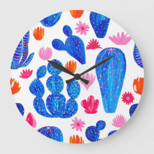 Reloj Redondo Grande Fantasy Cacti: Patrón Decorativo Sin Marea.