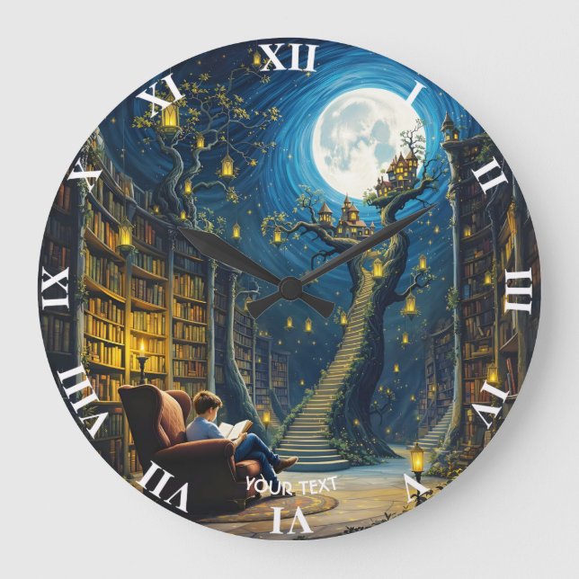Reloj Redondo Grande Fantasy Cute Boy Tree Library (Anverso)