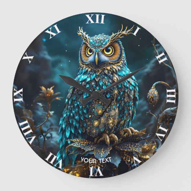 Reloj Redondo Grande Fantasy Cute Brass Turquoise Owl (Anverso)