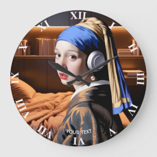 Reloj Redondo Grande Fantasy Cute Chica Auriculares Pearl