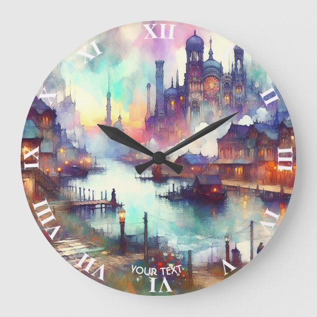 Reloj Redondo Grande Fantasy Cute Clouds Castle River (Anverso)