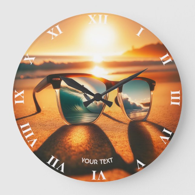 Reloj Redondo Grande Fantasy Cute Glasses Sunset Beach (Anverso)