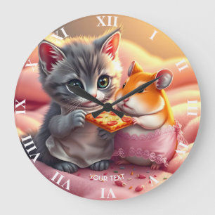 Reloj Redondo Grande Fantasy Cute Kitten Hamster Pizza
