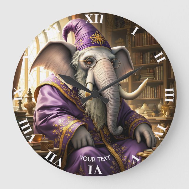 Reloj Redondo Grande Fantasy Cute Old Elephant Wizard (Anverso)