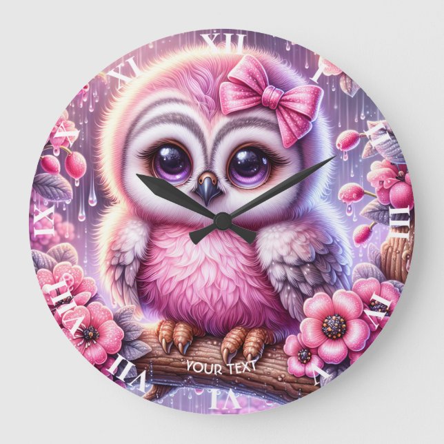 Reloj Redondo Grande Fantasy Cute Pink Owl Sakura (Anverso)