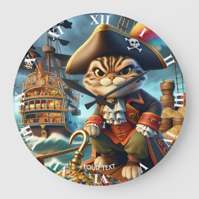 Reloj Redondo Grande Fantasy Cute Pirate Cat Ship (Anverso)