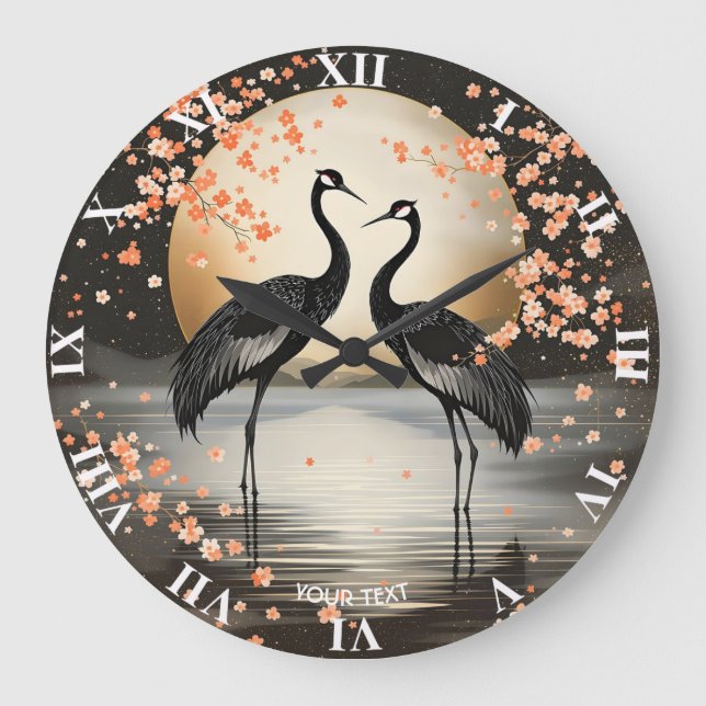 Reloj Redondo Grande Fantasy Cute Two Black Cranes (Anverso)