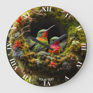 Reloj Redondo Grande Fantasy Cute Vivid Hummingbird Nest Moss