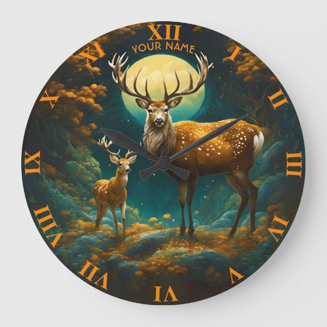 Reloj Redondo Grande Fantasy Cute Vivid Majestic Deer Forest (Anverso)
