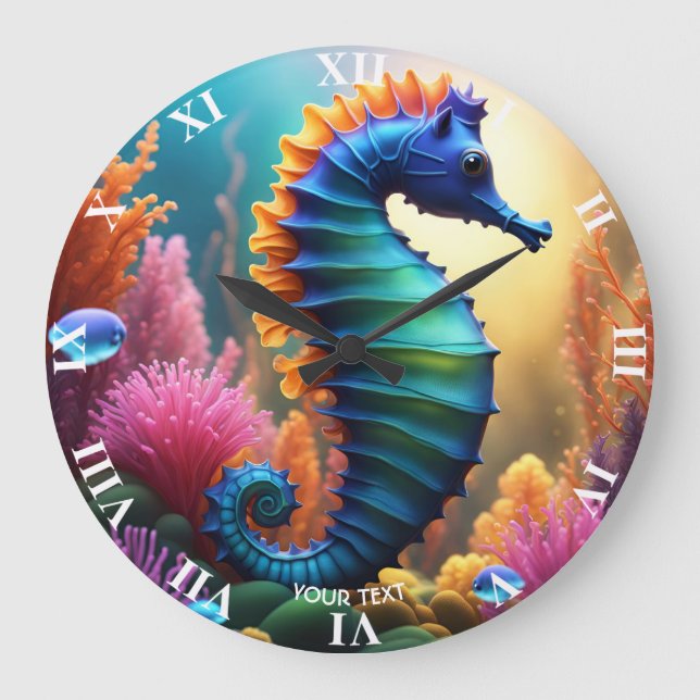 Reloj Redondo Grande Fantasy Cute Vivid Seahorse Flowers (Anverso)