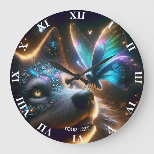 Reloj Redondo Grande Fantasy Cute Wolf Butterfly Space (Anverso)