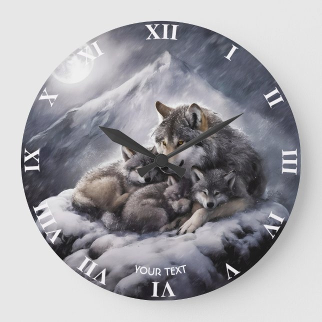 Reloj Redondo Grande Fantasy Cute Wolf Family Winter (Anverso)