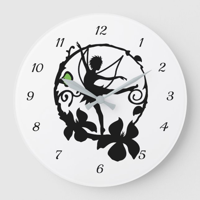Reloj Redondo Grande Fantasy Fairy Dancing Black White Silhouette (Anverso)