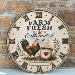 Reloj Redondo Grande Farm Fresh & Caffeinated Rustic Rooster Coffee