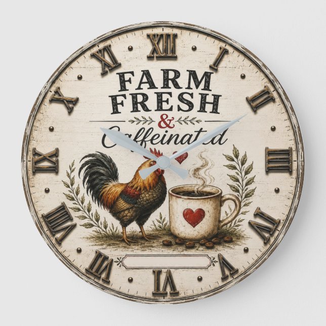 Reloj Redondo Grande Farm Fresh & Caffeinated Rustic Rooster Coffee (Anverso)