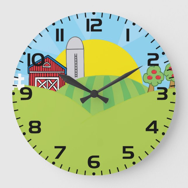 Reloj Redondo Grande Farm Landscape Red Barn Silo Apple Trees (Anverso)