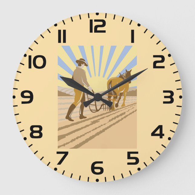 Reloj Redondo Grande Farmer and Horse Plowing Field Retro Sunrise (Anverso)