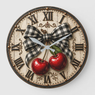Reloj Redondo Grande Farmhouse Cherry Rustic Buffalo Plaid Kitchen
