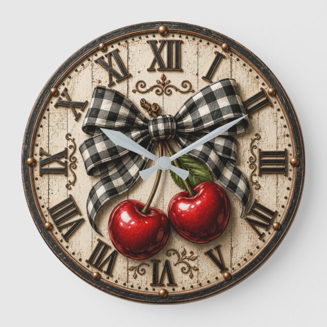 Reloj Redondo Grande Farmhouse Cherry Rustic Buffalo Plaid Kitchen (Anverso)