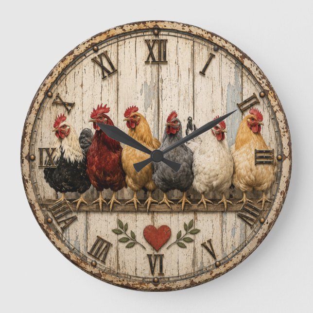 Reloj Redondo Grande Farmhouse Chicken Rustic  (Anverso)