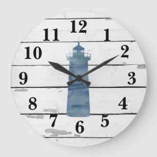 Reloj Redondo Grande Faro Nautical Blue Shiplap Decoración Rústica