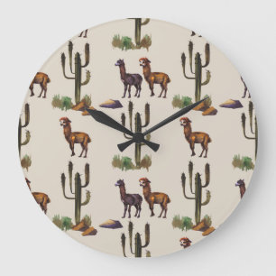 Reloj Redondo Grande Fauna alpaca de Llama, patrón acuarela.