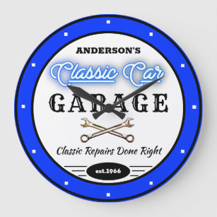 Reloj Redondo Grande Faux Blue Neon Classic Car Garage Cualquier nombre