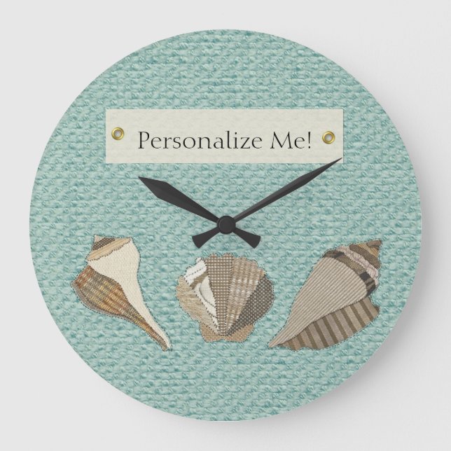 Reloj Redondo Grande Faux Canvas Fabric Personalized Seashell Applique (Anverso)
