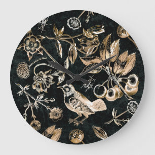 Reloj Redondo Grande Faux Gold Bird Beetles Flores Fruits de cerezo