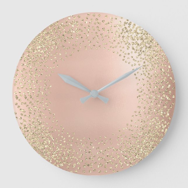 Reloj Redondo Grande Faux Gold Crystals Confetti Purpurina Rubor Pink (Anverso)