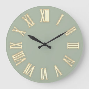 Reloj Redondo Grande Faux Gold Metallic Números romanos mínimos Green