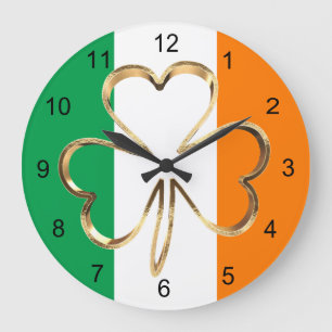 Reloj Redondo Grande Faux Gold Shamrock Clover Irish Flag