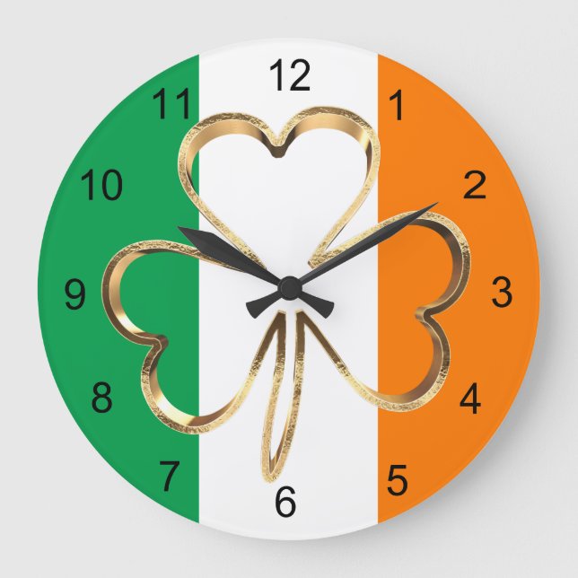 Reloj Redondo Grande Faux Gold Shamrock Clover Irish Flag (Anverso)