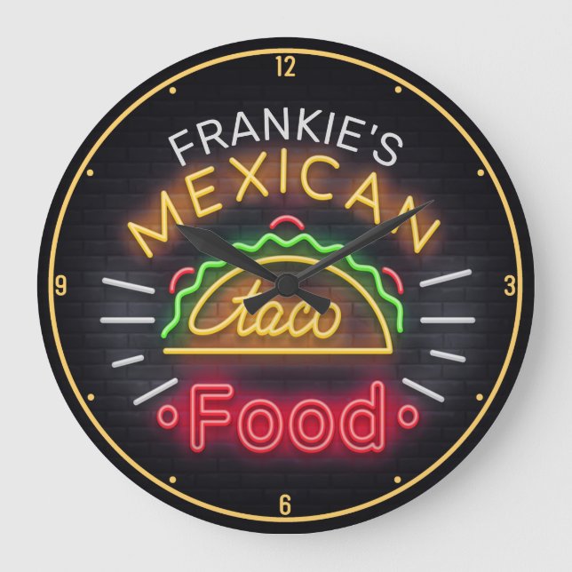 Reloj Redondo Grande Faux Neon Food Taco personalizado (Anverso)