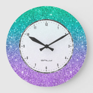 Reloj Redondo Grande Faux purpurina verde y púrpura