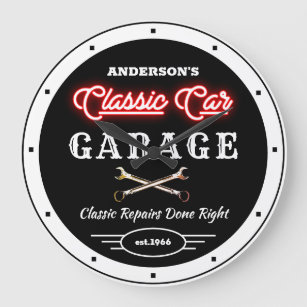 Reloj Redondo Grande Faux Red Neon Classic Car Garage Cualquier nombre 