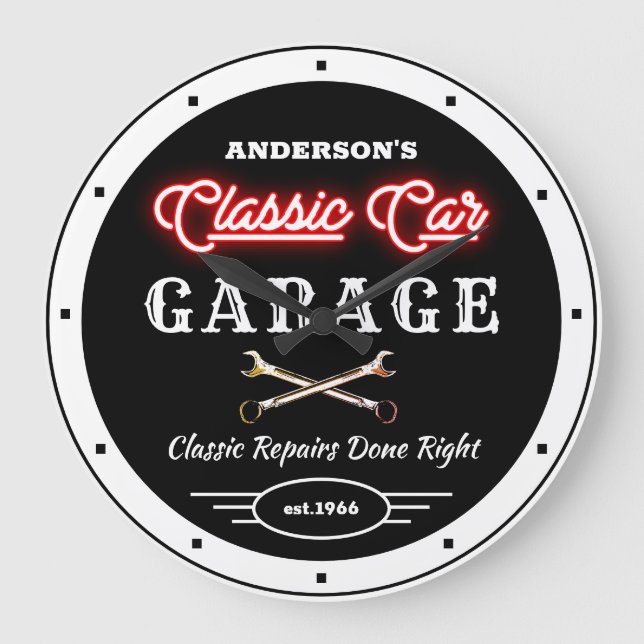 Reloj Redondo Grande Faux Red Neon Classic Car Garage Cualquier nombre  (Anverso)